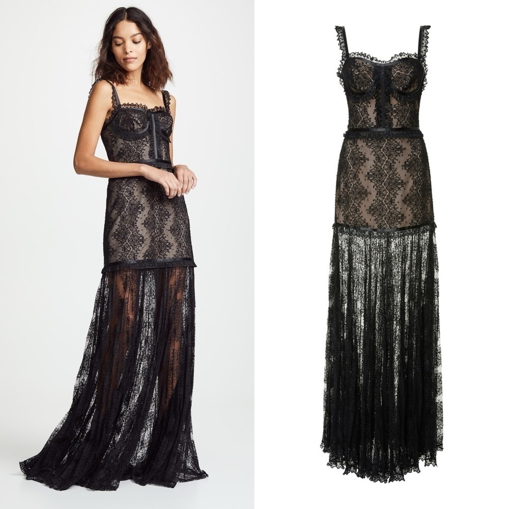 Alexis Kieran Lace Maxi Dress Black Sleeveless Sheer Bustier Gown Size Large EUC